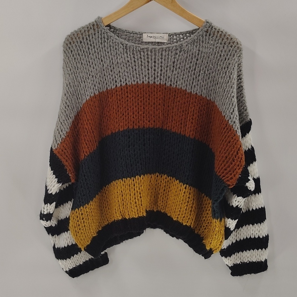 Impressions Chunky Knit Sweater Crew Neck Oversized Small Striped